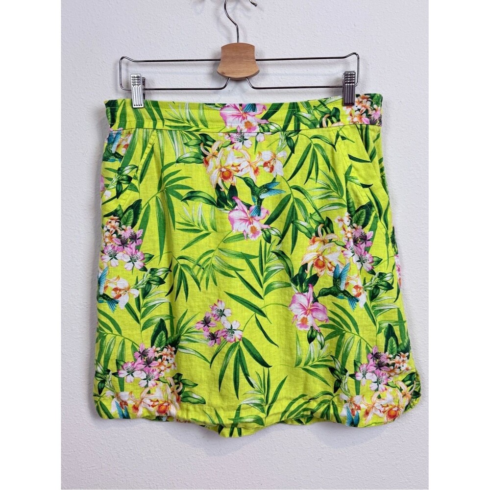 Tommy Bahama Linen Lime Green Tropical Floral Mini Skirt Elastic Back XL